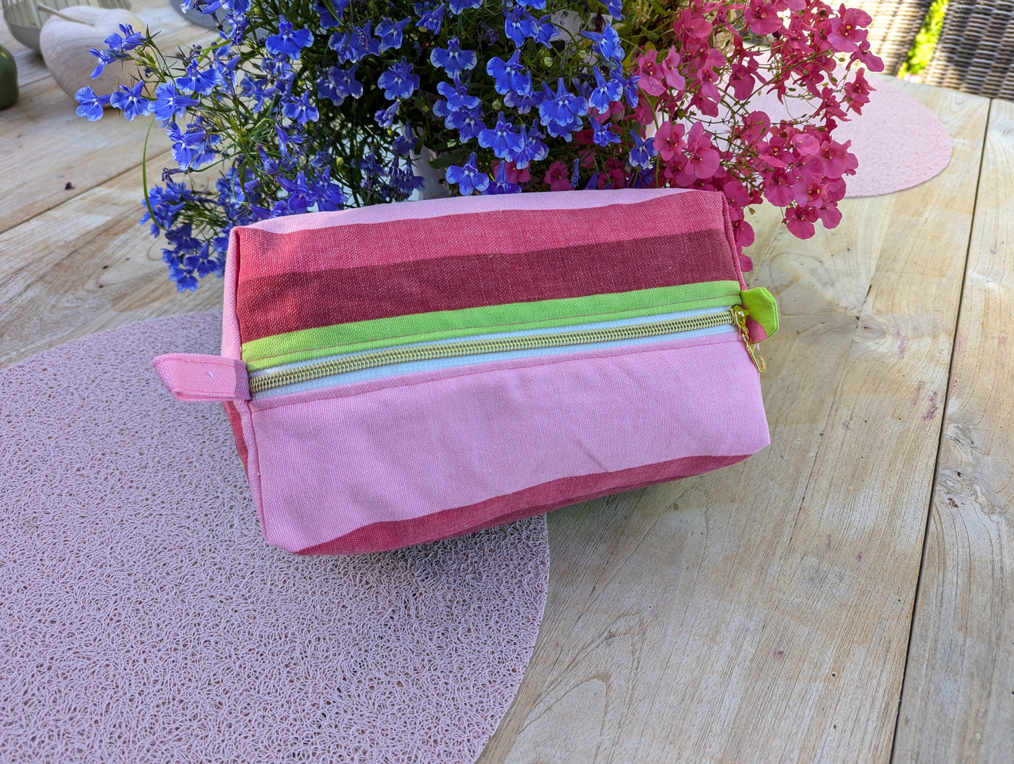 Trousse de toilette rayée rose (upcyclée)