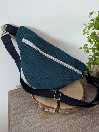 Sac banane velours bleu bandoulière marine