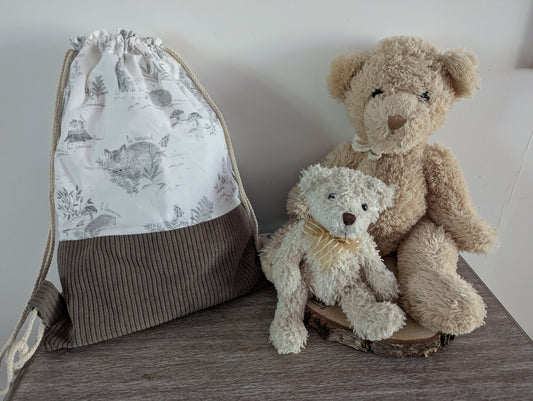 sac à dos maternelle velours taupe et tissus renard