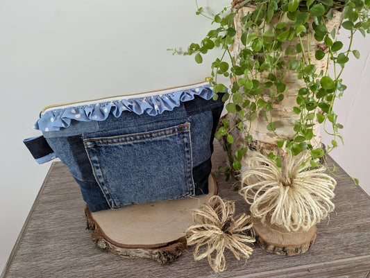 trousse de toilette jeans et tissus pois (upcyclé)