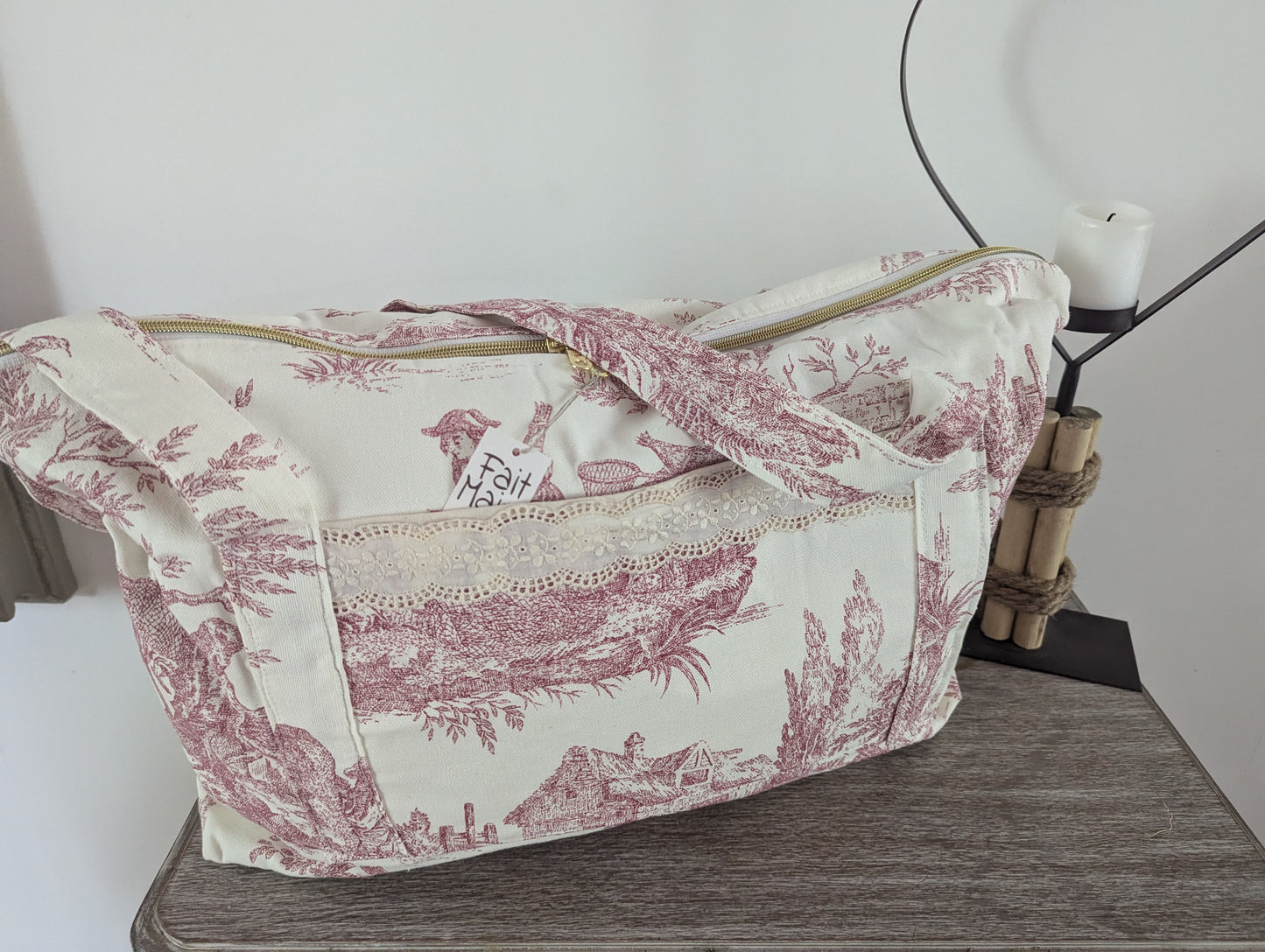 Sac toile de jouy rose et broderie