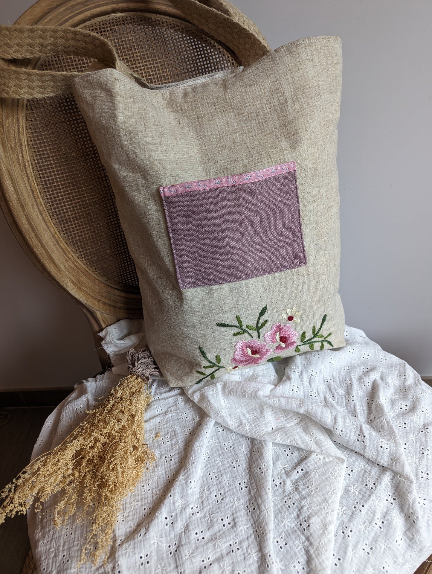 Sac en lin beige avec broderie Upcyclé