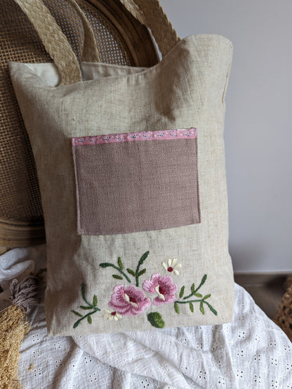 Sac en lin beige avec broderie Upcyclé