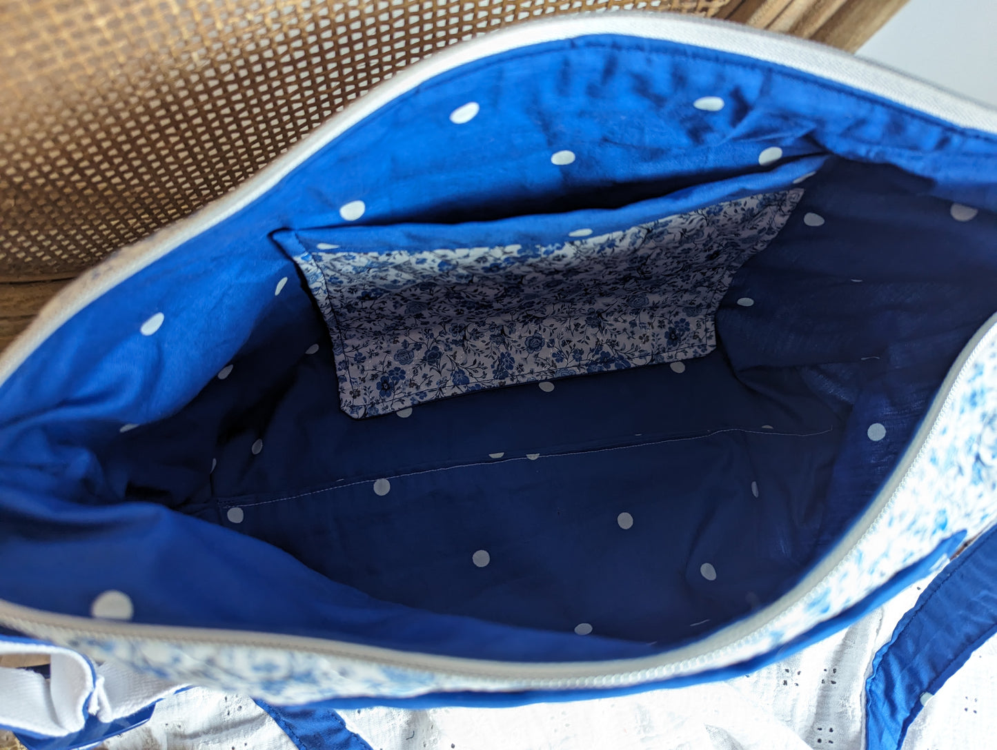 Sac matelassé liberty bleu tissu pois upcyclé